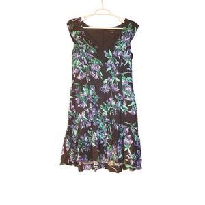 Ann Taylor Floral‎ Print Dress Cap Sleeves Black Purple Green Sleeveless sz 0